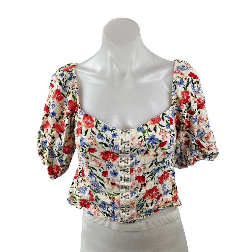 ASTR The Label Multicolor Floral Short Puff Sleeve Corset Bustier Blouse Top S